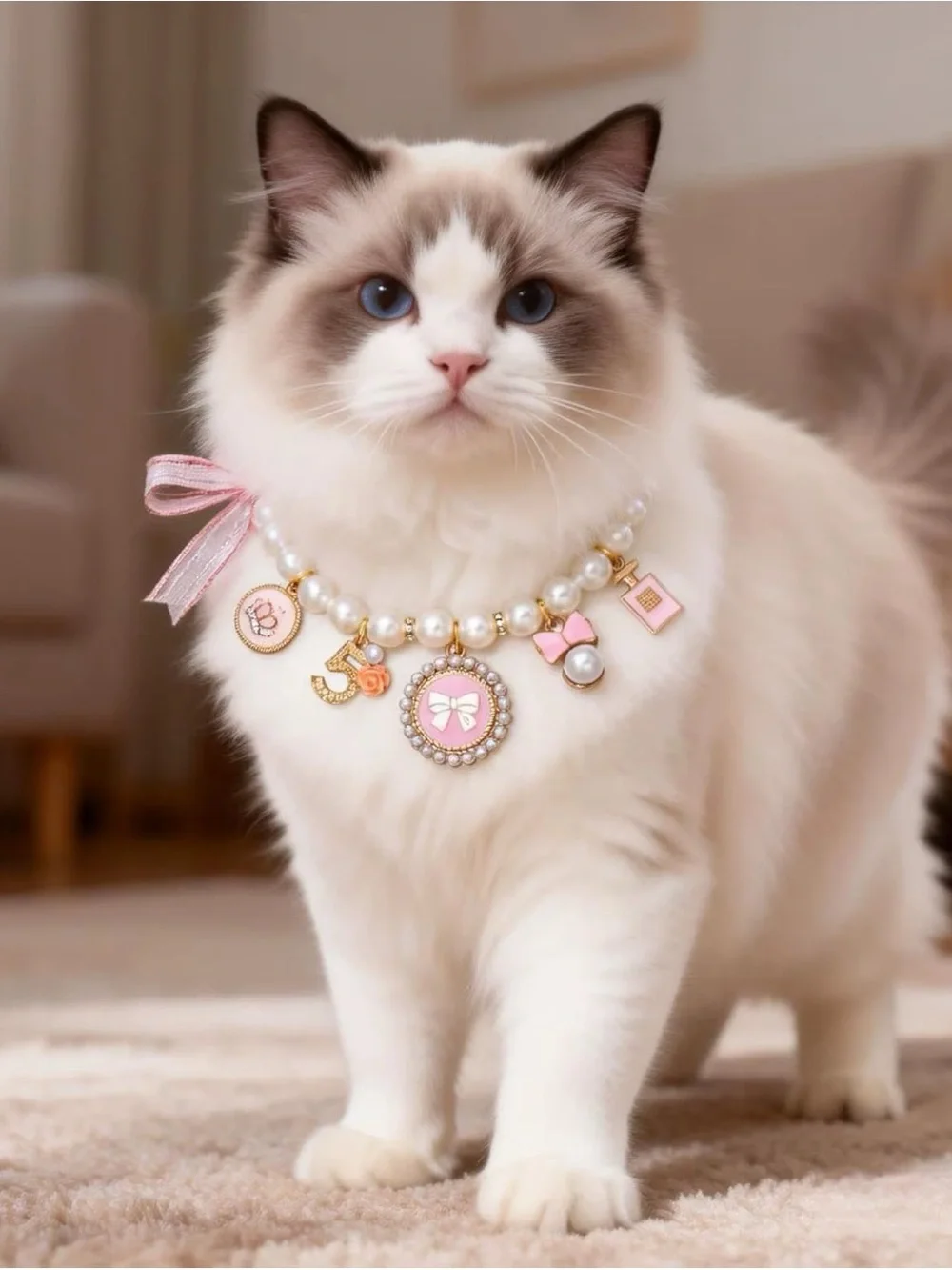 Cute Pearl Dog Cat Collar Necklace Pink and Gold Charms Pet Jewelry Adjustable